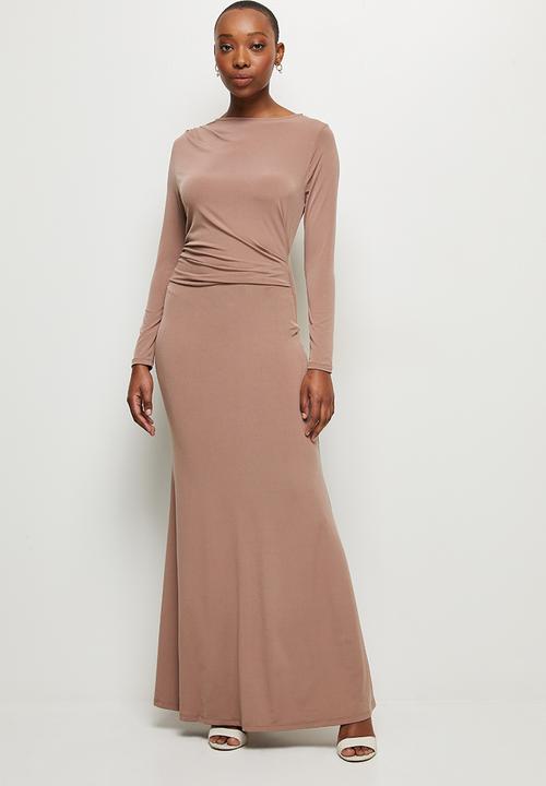 MILLA - Draped front long sleeve maxi dress - chocolate truffle