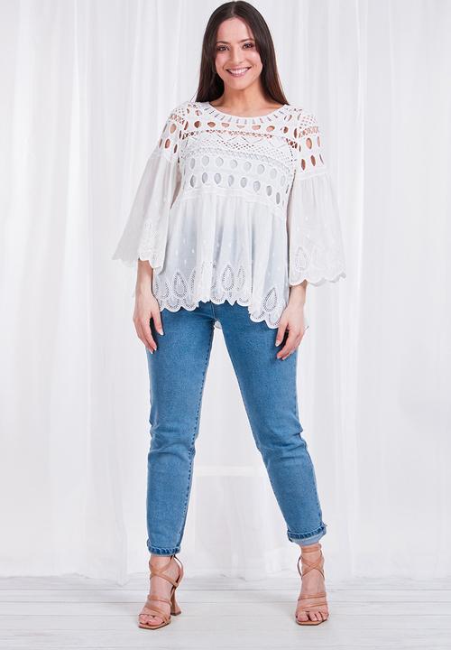 Stella Morgan - Embroidered 3/4 sleeve blouse - white