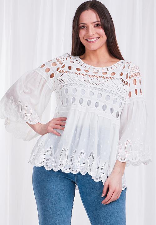 Stella Morgan - Embroidered 3/4 sleeve blouse - white