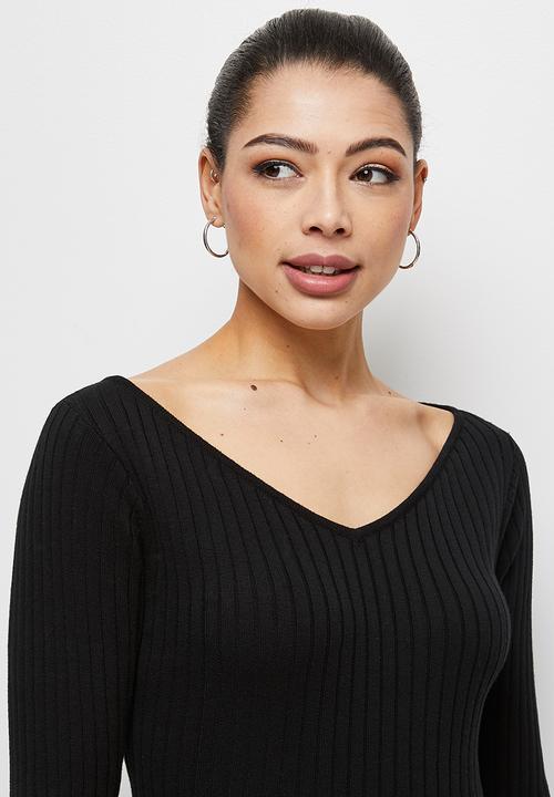 edit - V wide neck ribbed swing midi - black