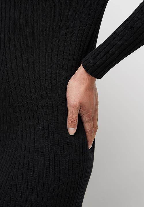 edit - V wide neck ribbed swing midi - black