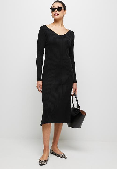 edit - V wide neck ribbed swing midi - black