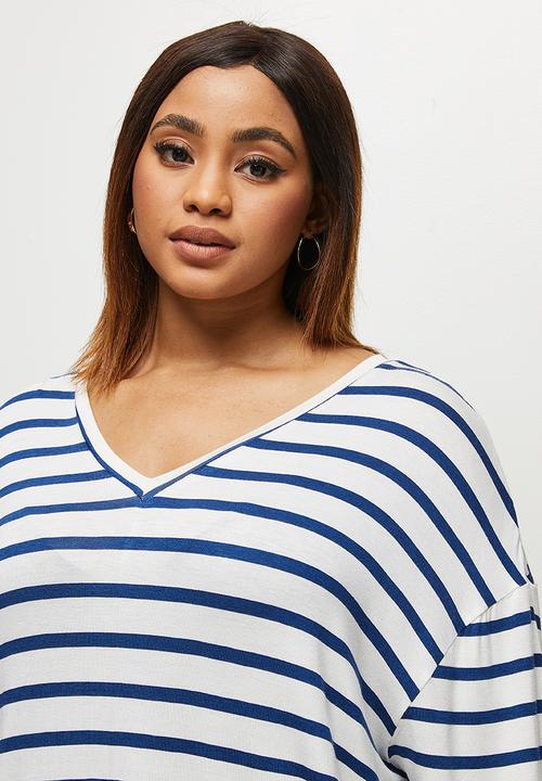 edit Plus - Striped v-neck boxy tee - navy and milk
