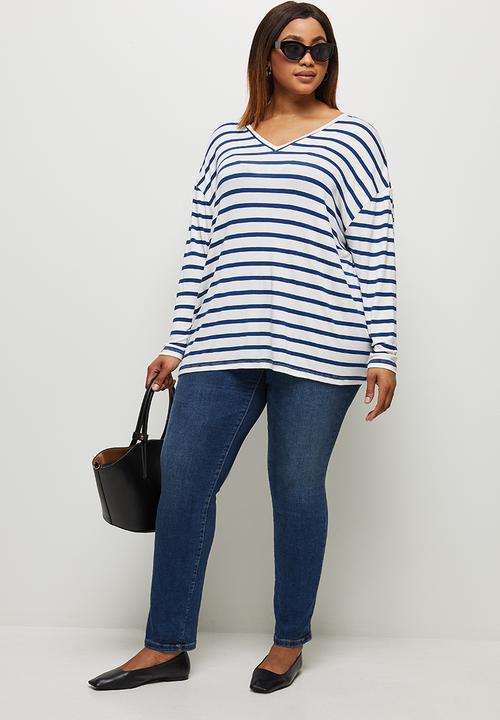 edit Plus - Striped v-neck boxy tee - navy and milk