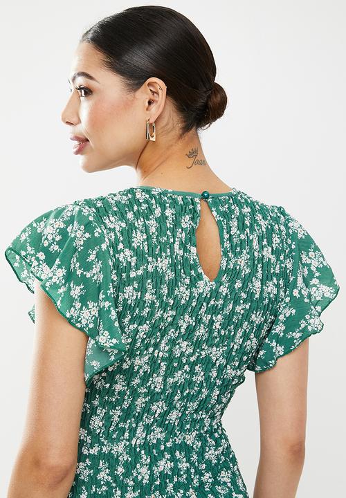 Missguided - Floral print ruffle sleeve midaxi - green