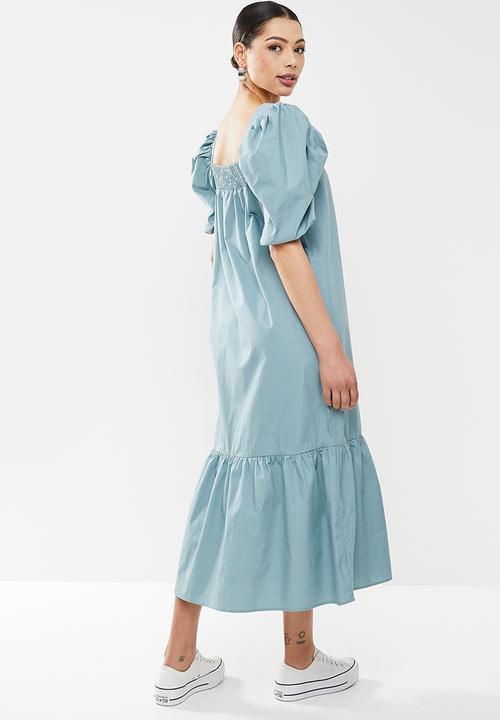 Missguided - Puff sleeve square neck smock midi dress - blue