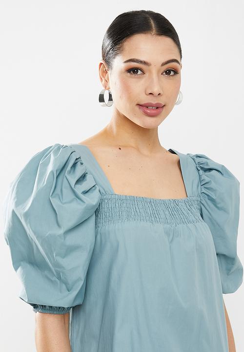 Missguided - Puff sleeve square neck smock midi dress - blue
