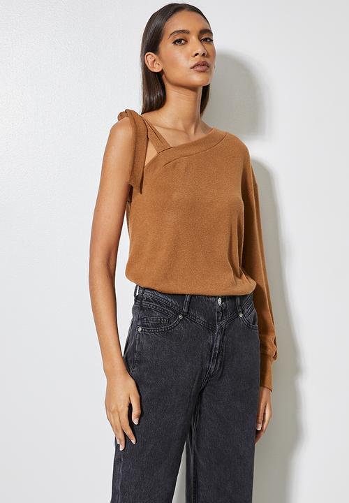 VELVET - Off shoulder cut and sew top - brown