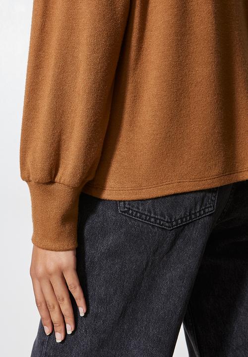 VELVET - Off shoulder cut and sew top - brown