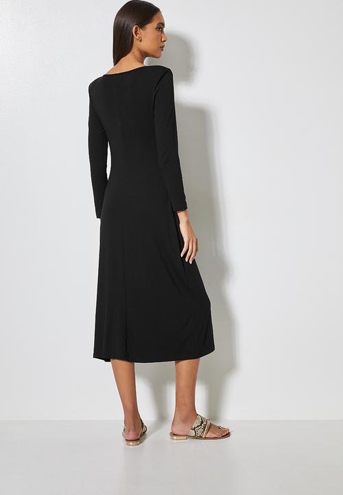 VELVET - Draped neck knit dress with shoulder pad - mink - black 