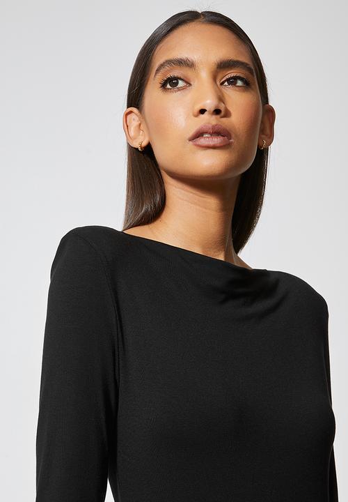 VELVET - Draped neck knit dress with shoulder pad - mink - black 