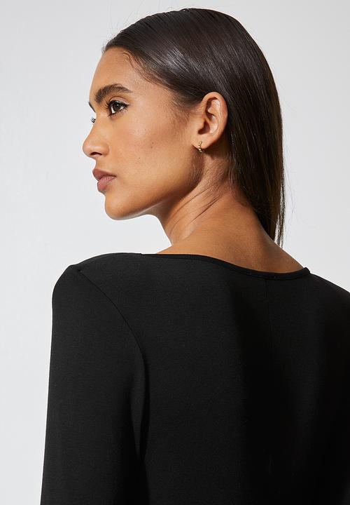 VELVET - Draped neck knit dress with shoulder pad - mink - black 