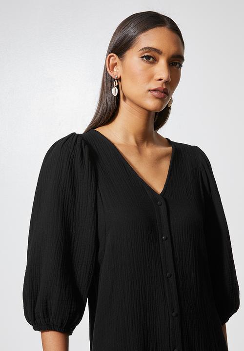 VELVET - Textured button through dropped waist midi - black 