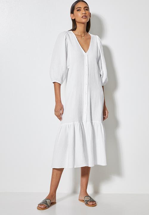 VELVET - Textured button through dropped waist midi - white