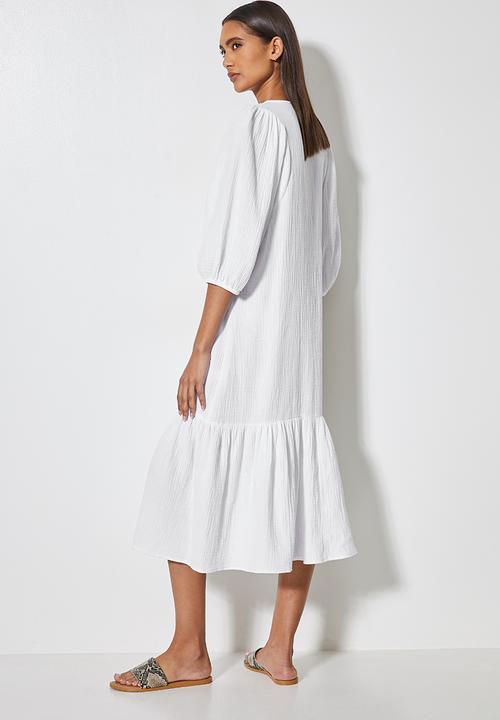 VELVET - Textured button through dropped waist midi - white