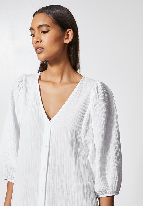 VELVET - Textured button through dropped waist midi - white