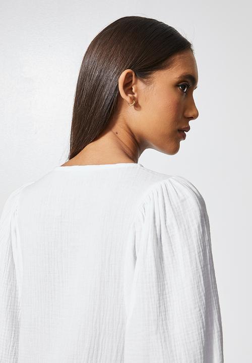 VELVET - Textured button through dropped waist midi - white