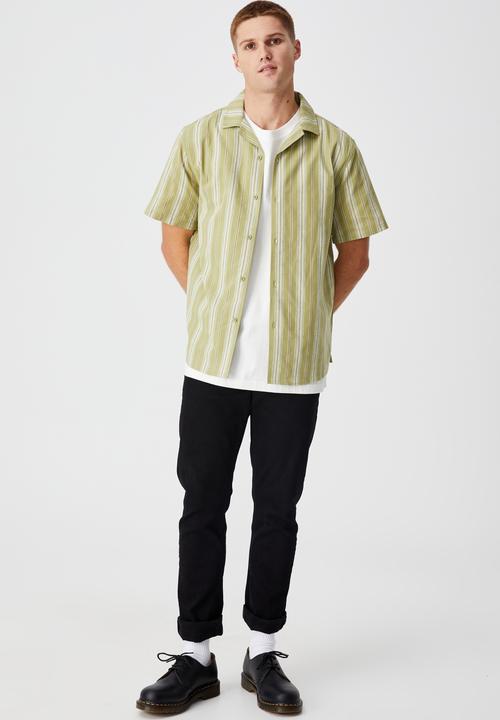 Cotton On - Textured short sleeve shirt - olive wide stripe