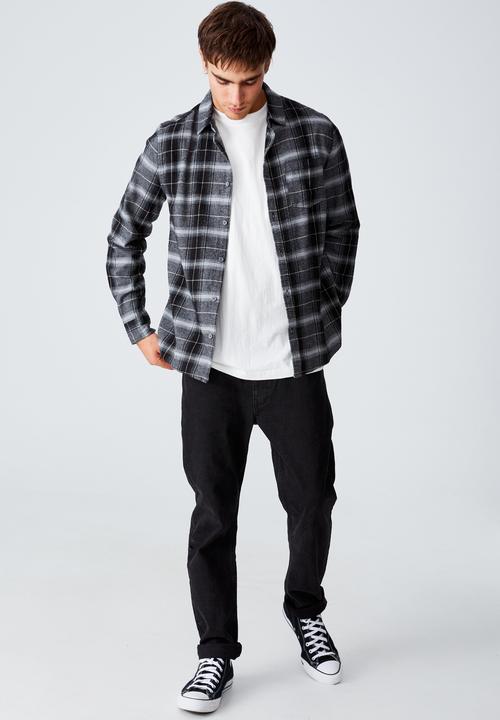 Cotton On - Washed long sleeve check shirt - charcoal gravel check