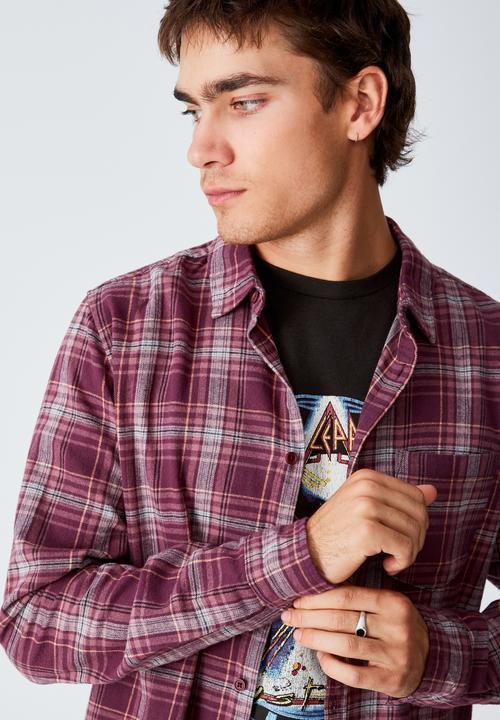 Cotton On - Washed long sleeve check shirt - dark maroon multi check
