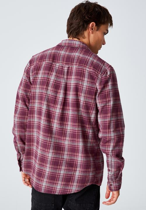 Cotton On - Washed long sleeve check shirt - dark maroon multi check