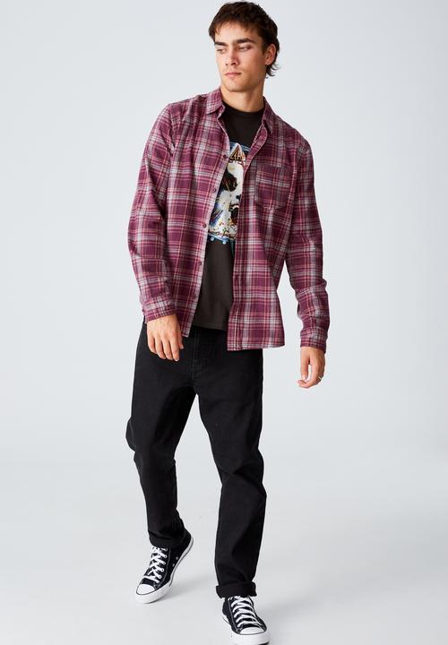 Cotton On - Washed long sleeve check shirt - dark maroon multi check