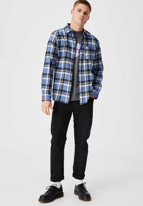 Cotton On - Washed long sleeve check shirt - indigo black white check