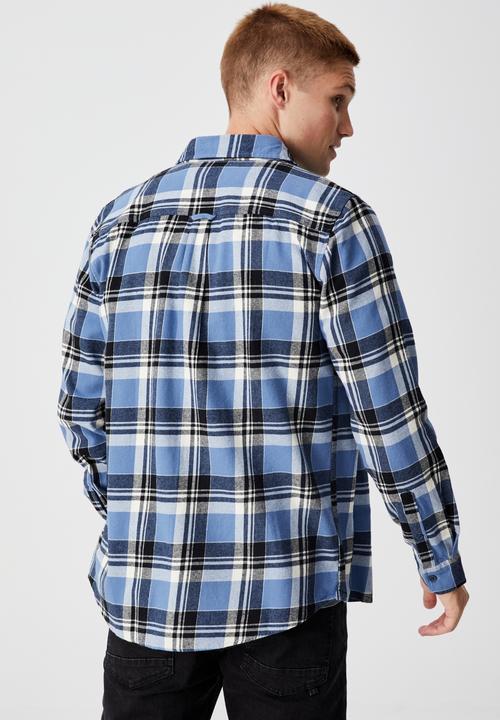 Cotton On - Washed long sleeve check shirt - indigo black white check