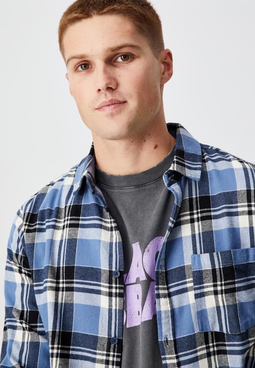Cotton On - Washed long sleeve check shirt - indigo black white check