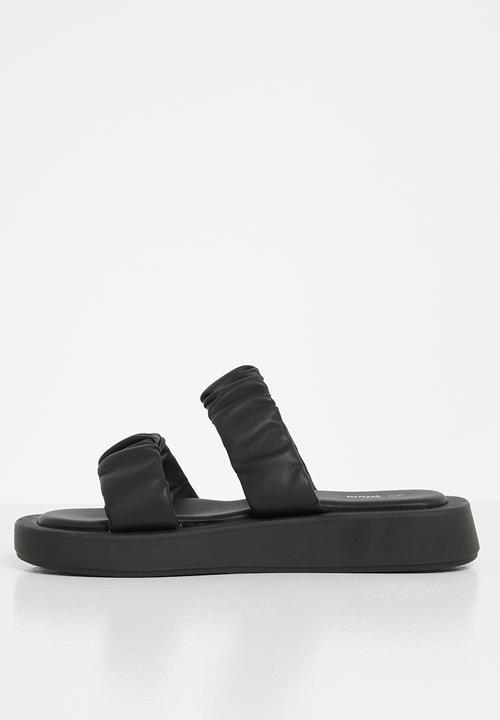 Plum - Peachy ruched double strap flatform slide - black