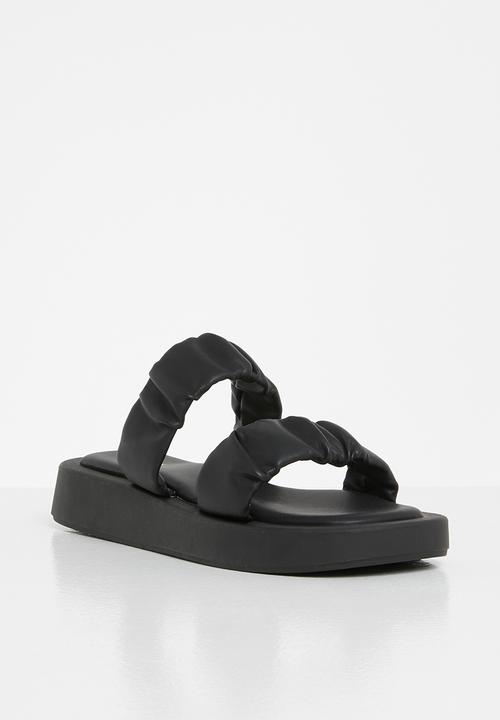 Plum - Peachy ruched double strap flatform slide - black