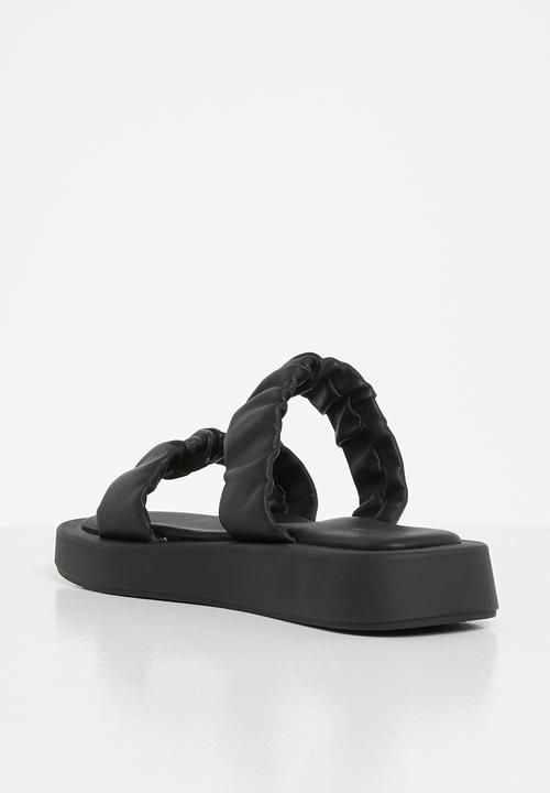 Plum - Peachy ruched double strap flatform slide - black