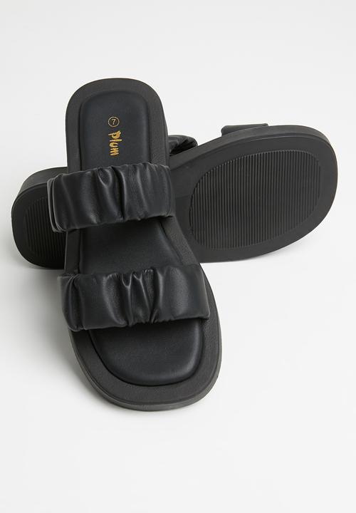 Plum - Peachy ruched double strap flatform slide - black