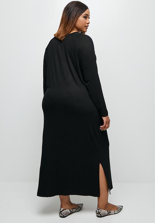 edit Plus - Conscious long sleeve reglan slit midi - black