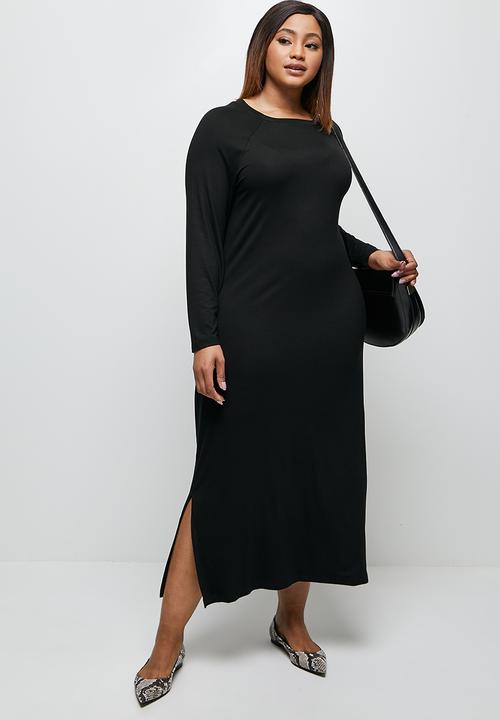 edit Plus - Conscious long sleeve reglan slit midi - black