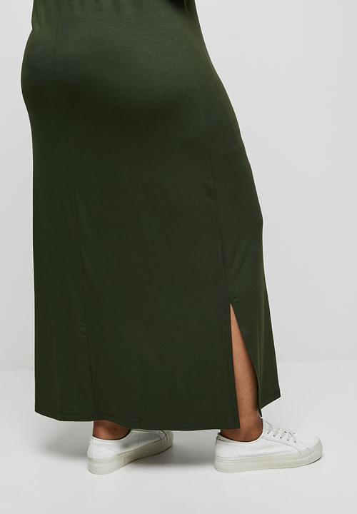 edit Plus - Conscious long sleeve reglan slit midi - olive