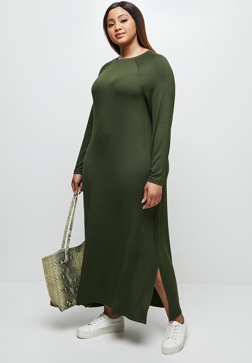 edit Plus - Conscious long sleeve reglan slit midi - olive
