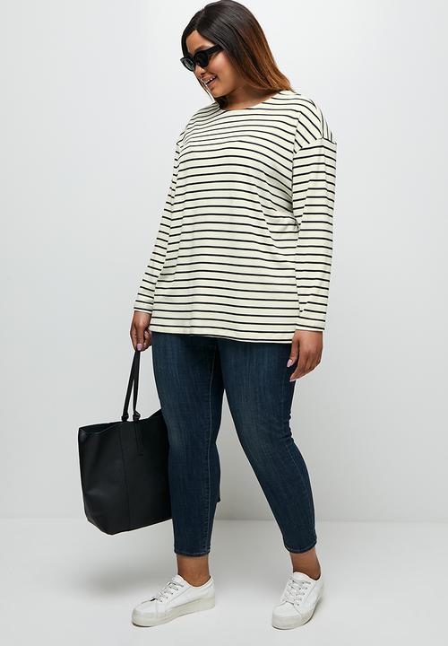 edit Plus - Striped v-neck boxy tee - black & neutral