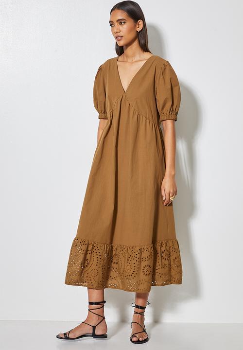 Superbalist - Puff sleeve anglaise tiered dress - tobacco