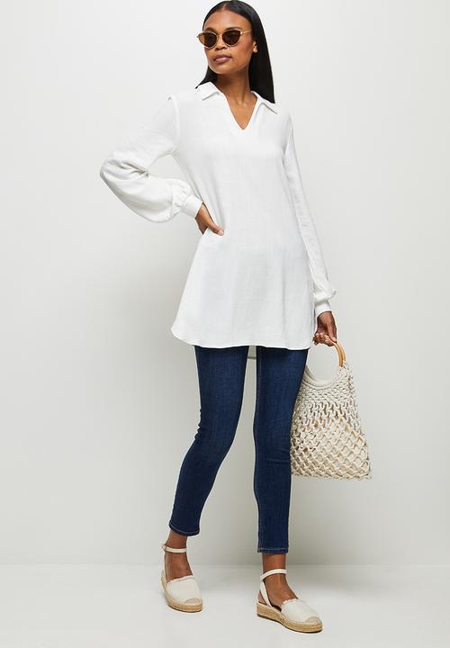 edit - Longline collared linen shirt - milk