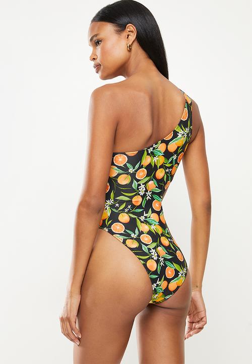 Missguided - Orange print one shoulder swimsuit - multi