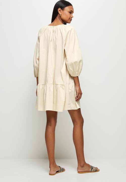 MILLA - Drop waisted gauged neck mini dress - neutral