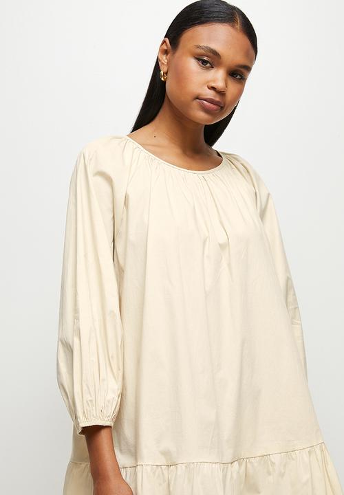 MILLA - Drop waisted gauged neck mini dress - neutral