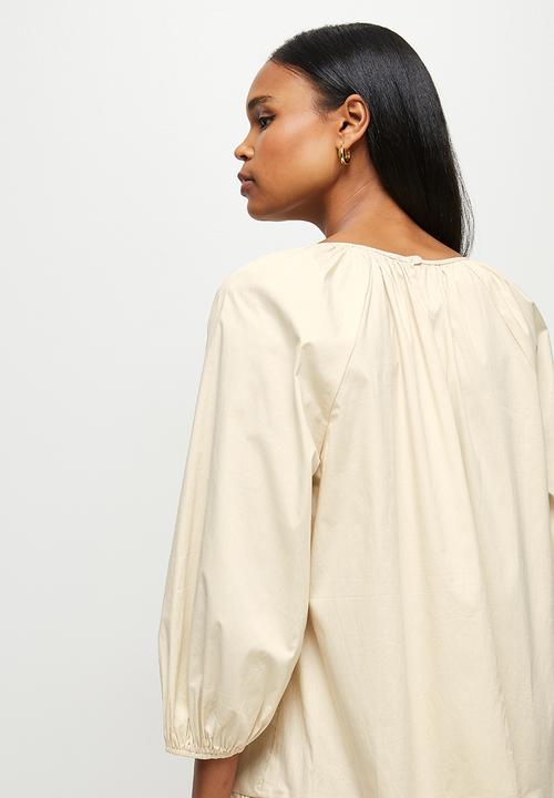 MILLA - Drop waisted gauged neck mini dress - neutral