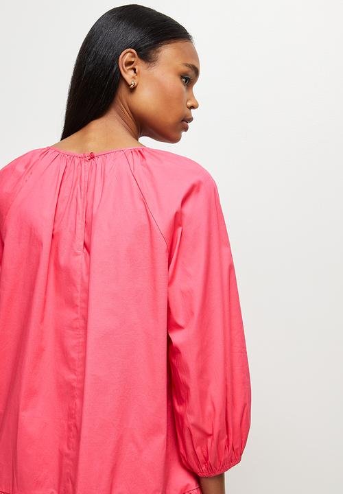 MILLA - Drop waisted gauged neck mini dress - pink