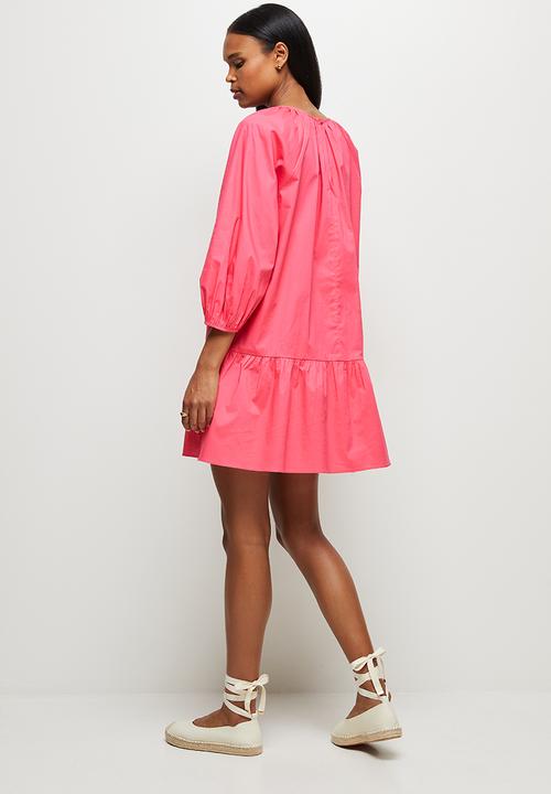 MILLA - Drop waisted gauged neck mini dress - pink
