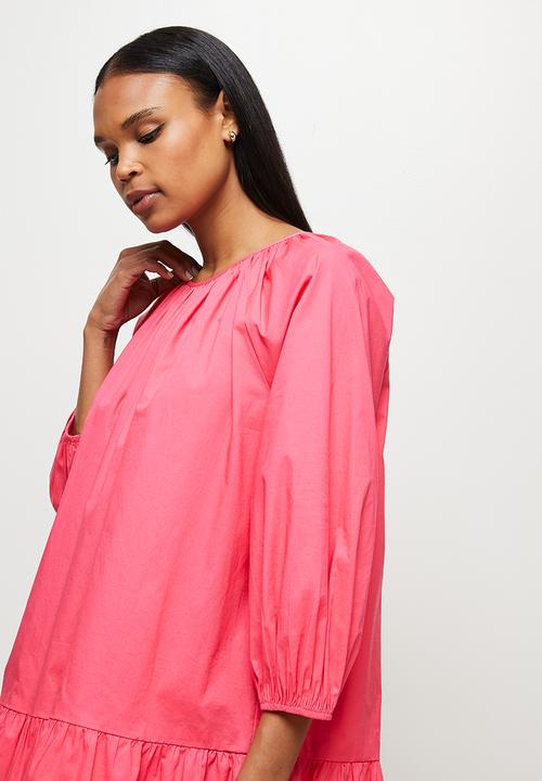 MILLA - Drop waisted gauged neck mini dress - pink