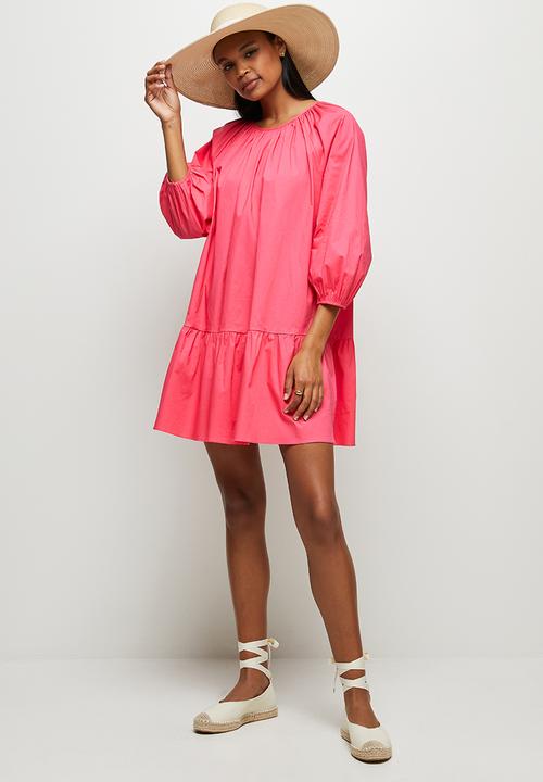 MILLA - Drop waisted gauged neck mini dress - pink