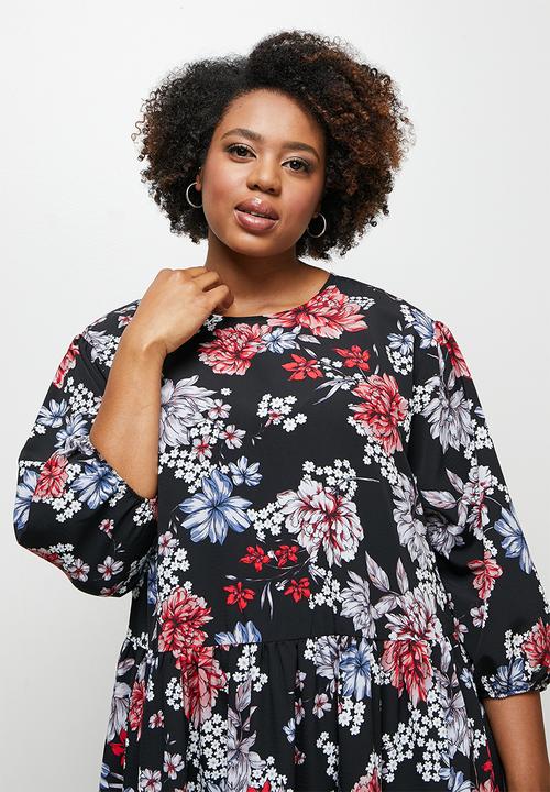 edit Plus - Balloon sleeve drop waist dress - black 