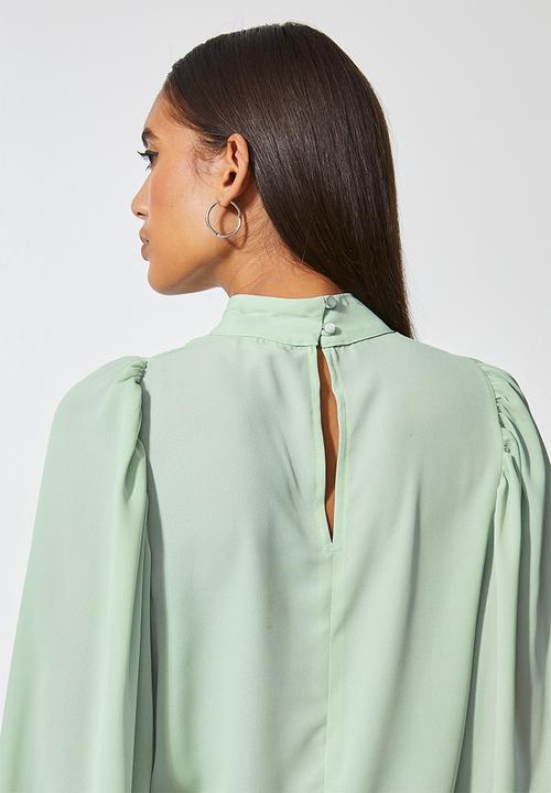 VELVET - Turtle neck woven blouse with draped sleeve - green 